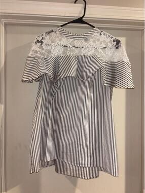Belle Sky Striped Lace Ruffle Blouse XL